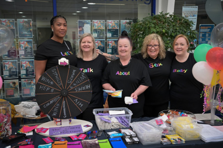 Sexual health stand with Elizabeth Hall, Kerry Moore, Kerry Williams, Jacqueline McFadden, and Cheryl Tench.