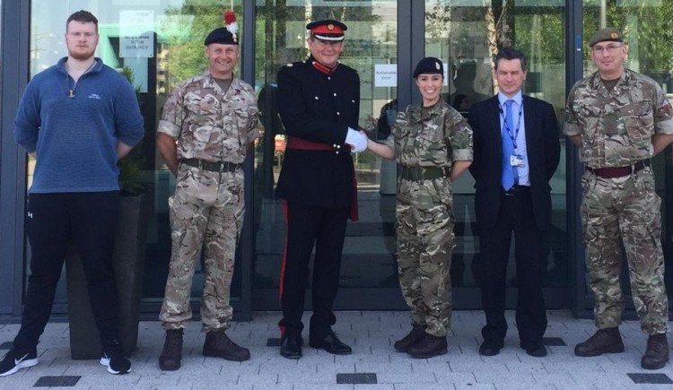  Pictured from left to right are Bolton College student Rufus Aindow, Warrant Officer 2 David Naylor, Professor George Holmes, President and Vice-Chancellor of the university, Jessica Law, Associate Lecturer in Sport Rehabilitation and Senior Clinician, Sp 